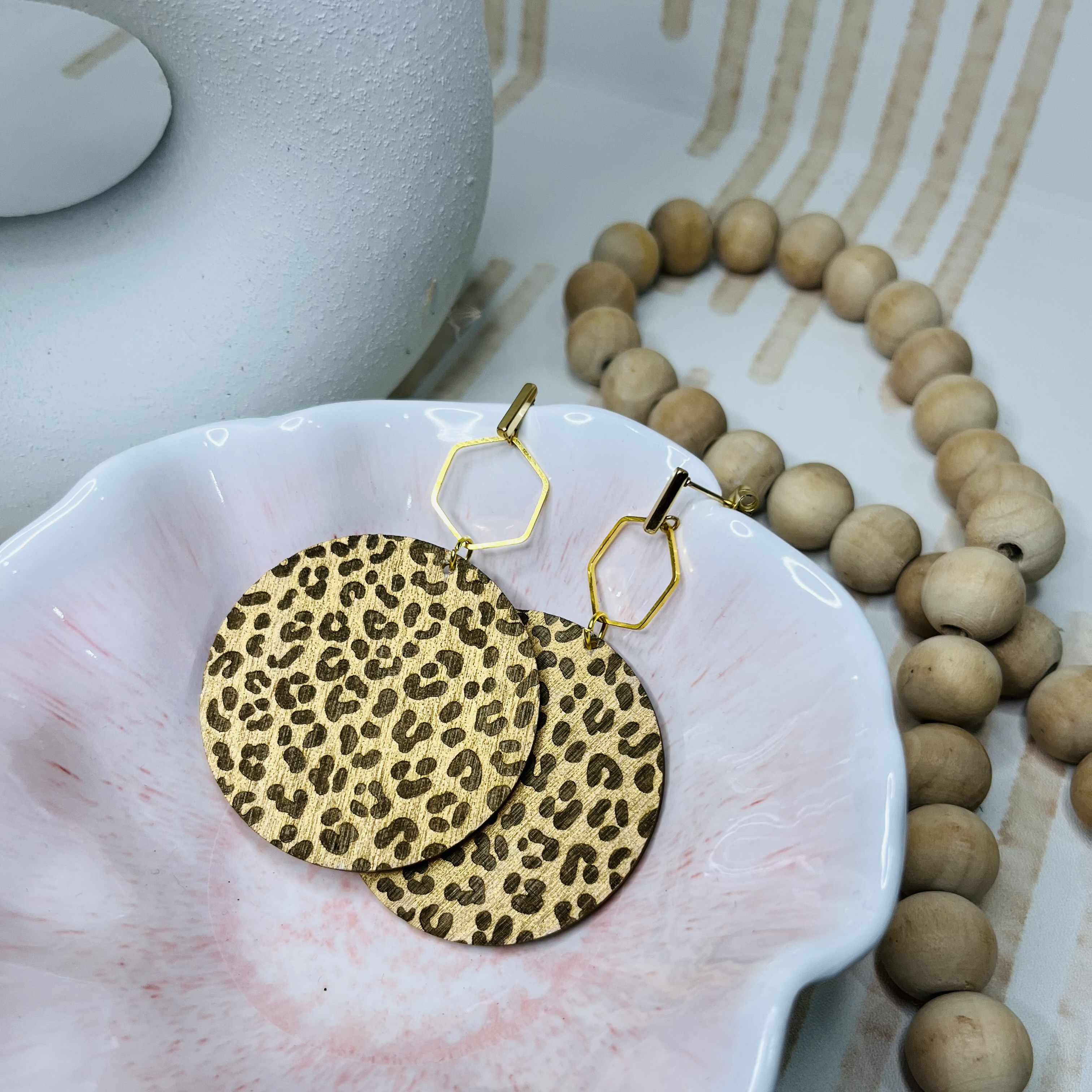 Stainless Steel Wooden Earrings - Cheetah Print