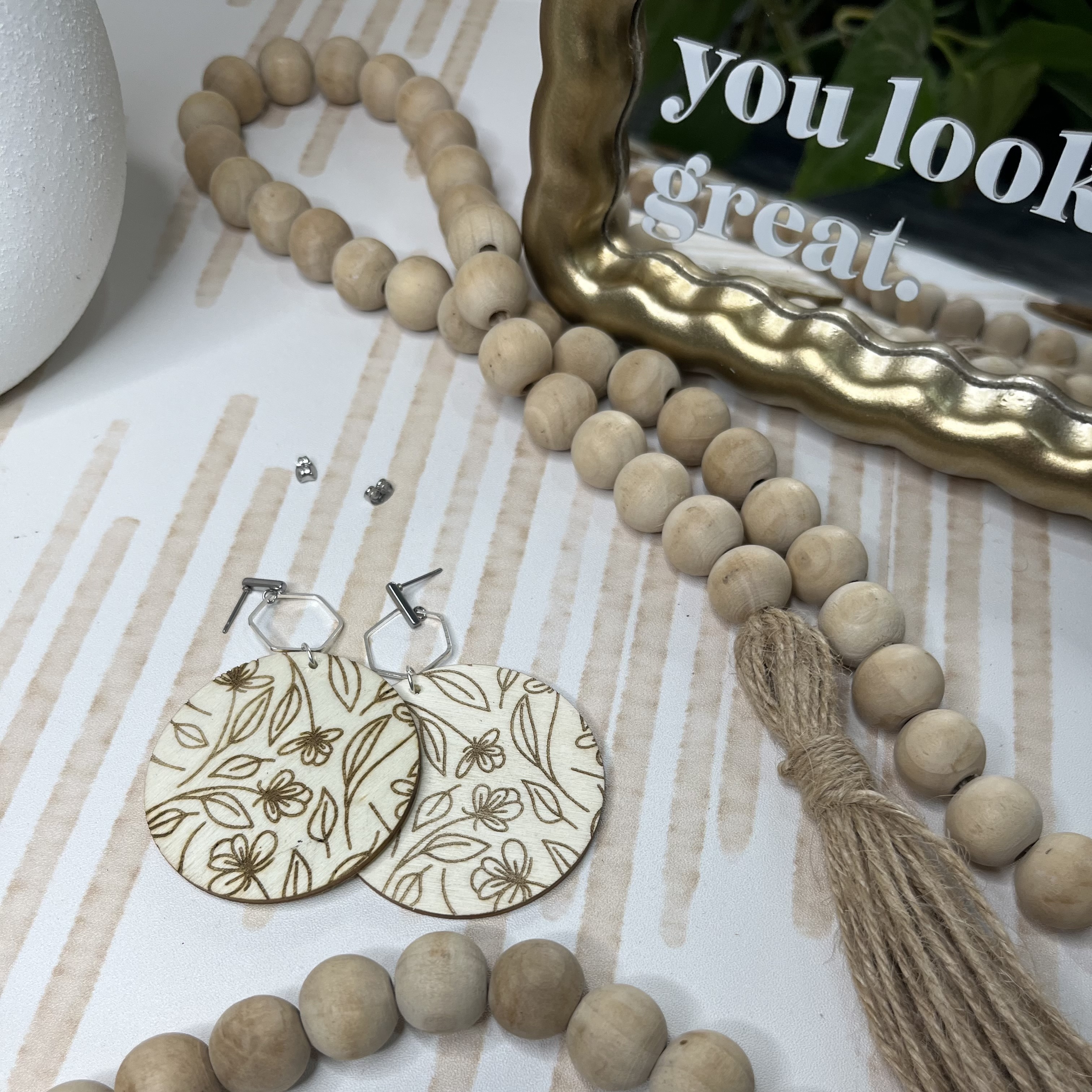 Stainless Steel Wooden Earrings - Simple Floral